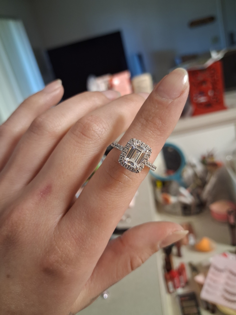 Emerald Cut Halo Cubic Zirconia Engagement Ring - White
